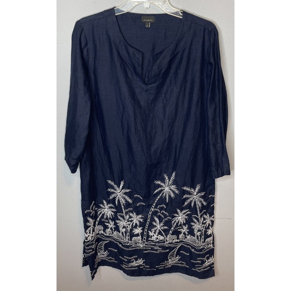 Talbots Linen Dress Medium Blue Headed Embroidered Palm Trees Beach Tropical